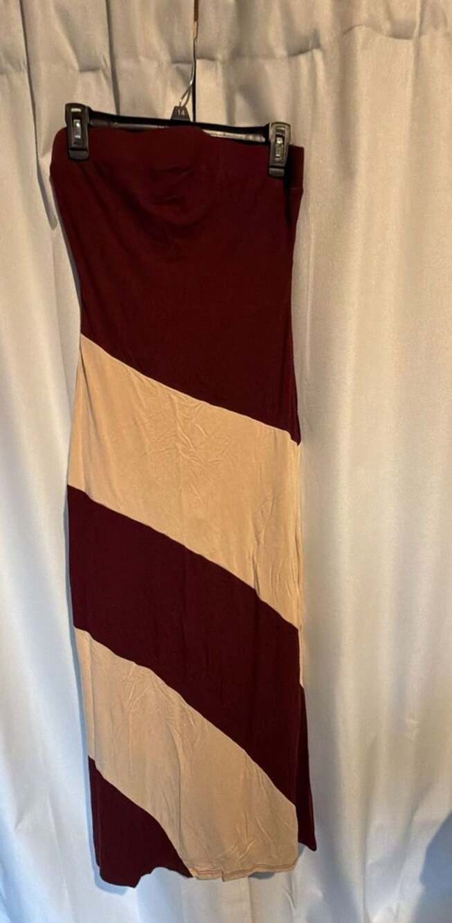 PattiBoutik Strapless Maxi Dress Size USA M Burgundy Beige Striped